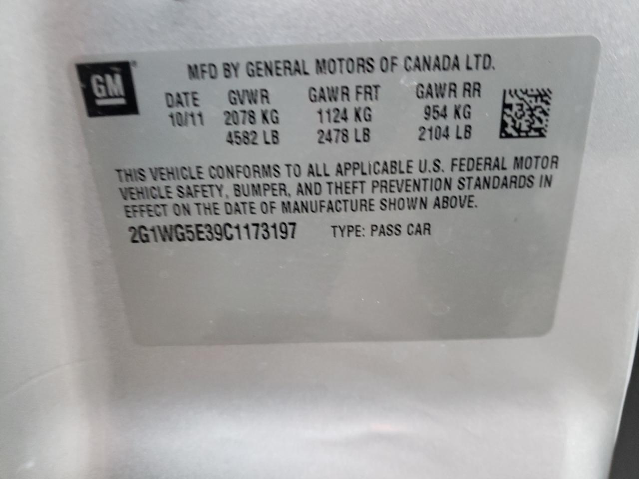Photo 10 from auction – 2012 CHEVROLET IMPALA LT with VIN 2G1WG5E39C1173197