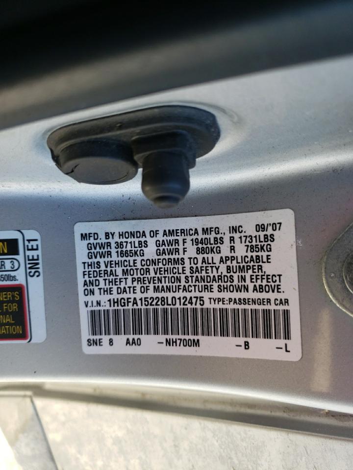 Photo 10 from auction – 2008 HONDA CIVIC DX with VIN 1HGFA15228L012475