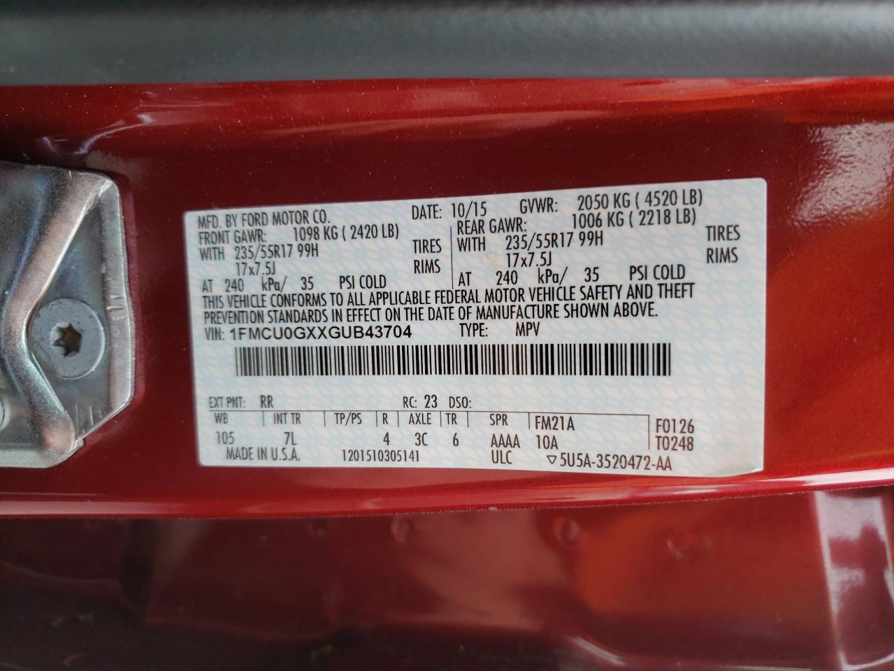 Photo 10 from auction – 2016 FORD ESCAPE SE with VIN 1FMCU0GXXGUB43704