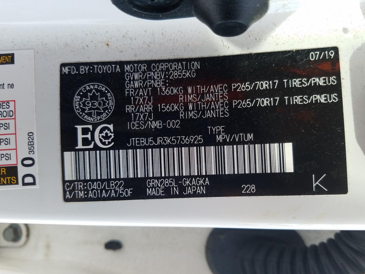 Photo 10 from auction – 2019 TOYOTA 4RUNNER SR with VIN JTEBU5JR3K5736925