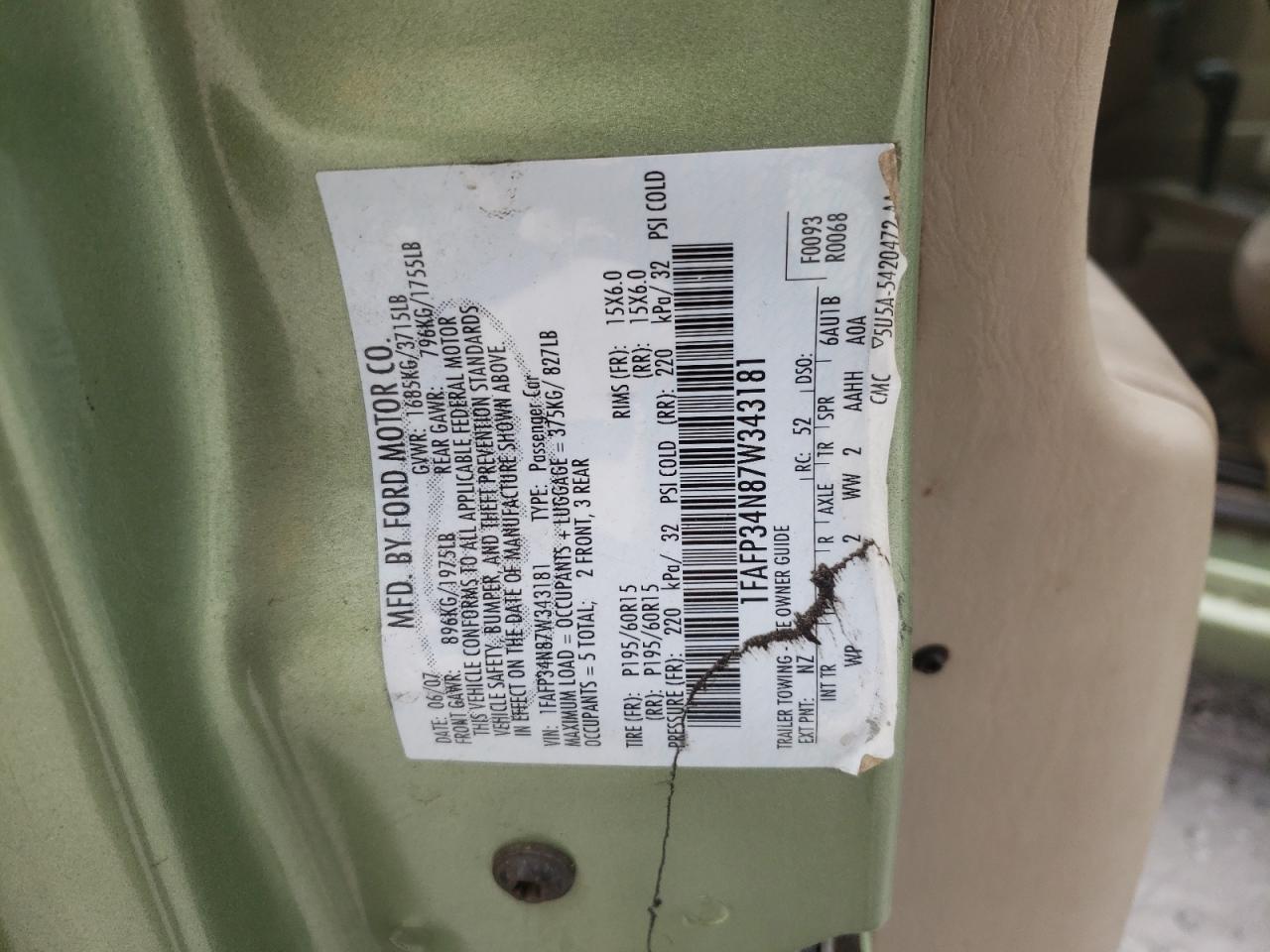 Photo 10 from auction – 2007 FORD FOCUS ZX4 with VIN 1FAFP34N87W343181