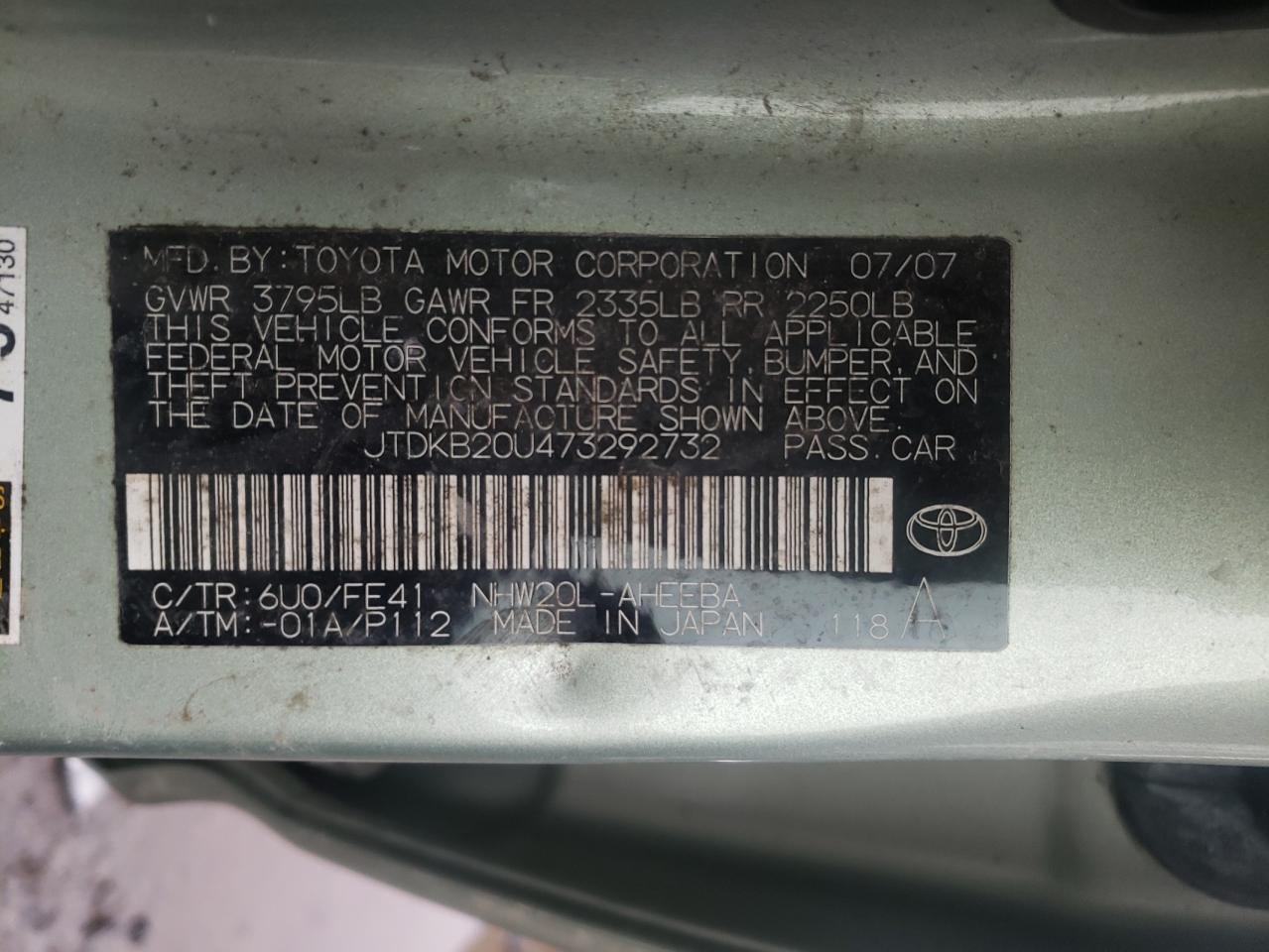 Photo 10 from auction – 2007 TOYOTA PRIUS with VIN JTDKB20U473292732