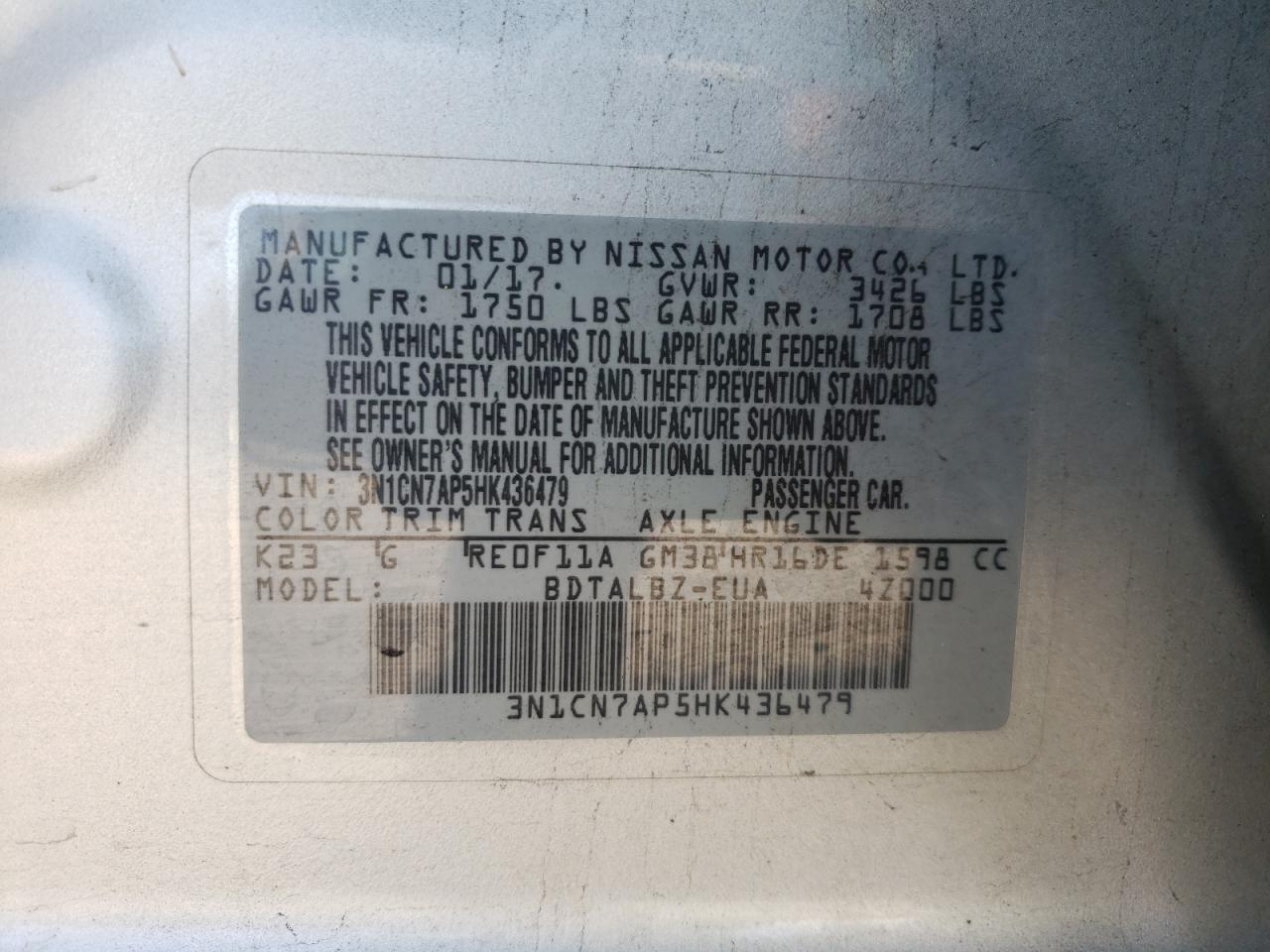 Photo 10 from auction – 2017 NISSAN VERSA S with VIN 3N1CN7AP5HK436479