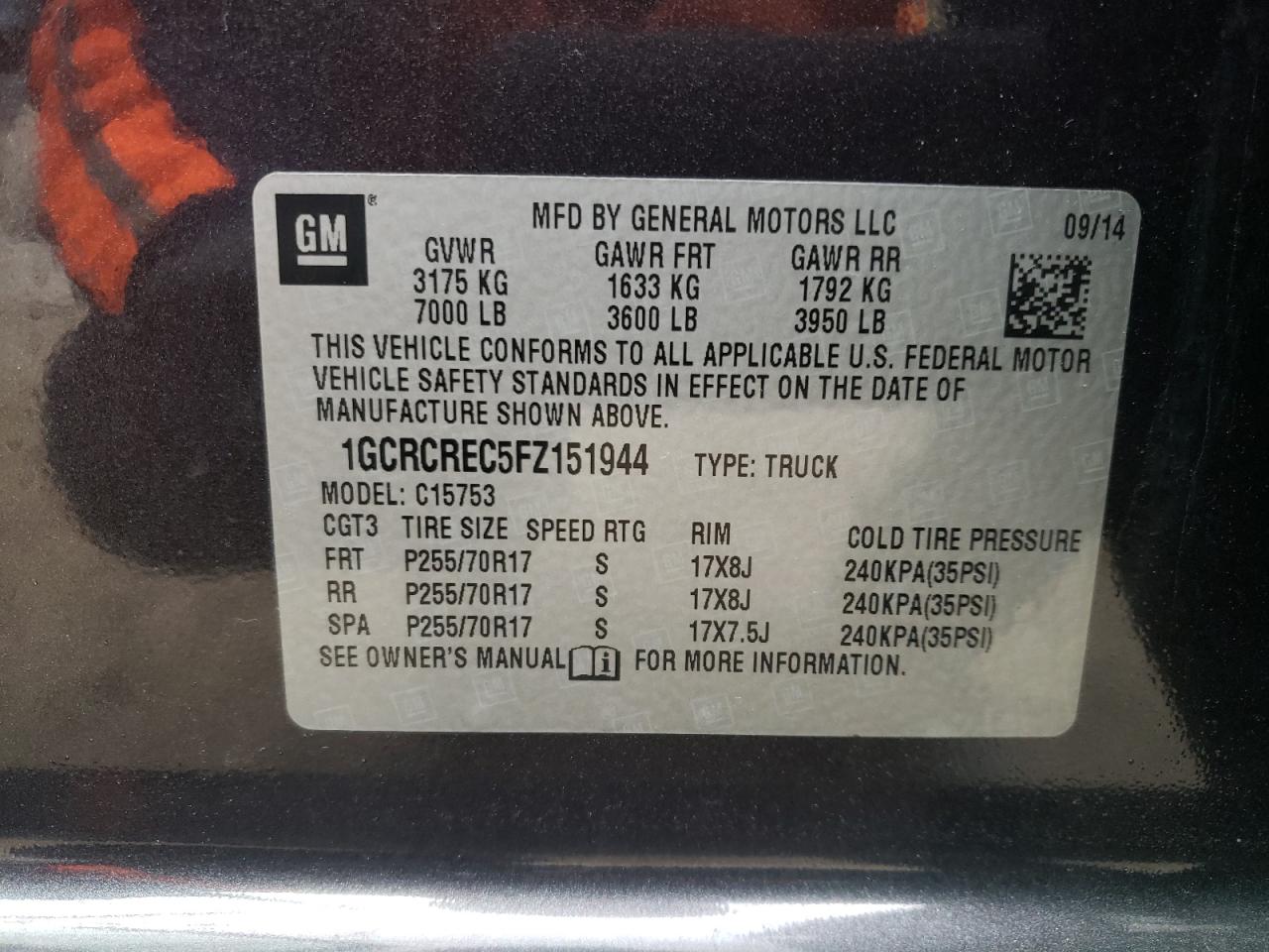 Photo 10 from auction – 2015 CHEVROLET SILVERADO with VIN 1GCRCREC5FZ151944