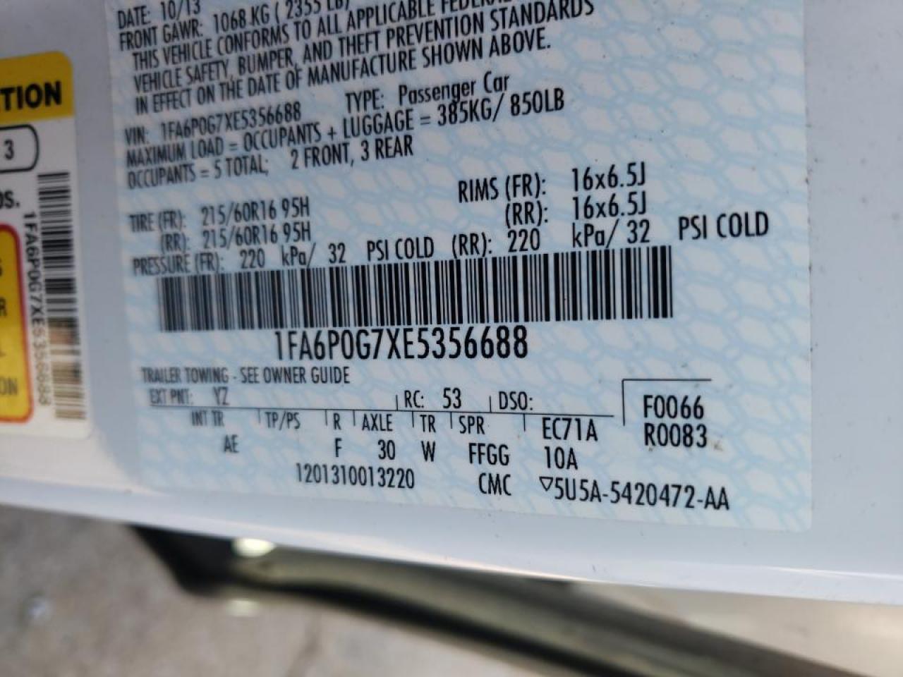 Photo 10 from auction – 2014 FORD FUSION S with VIN 1FA6P0G7XE5356688