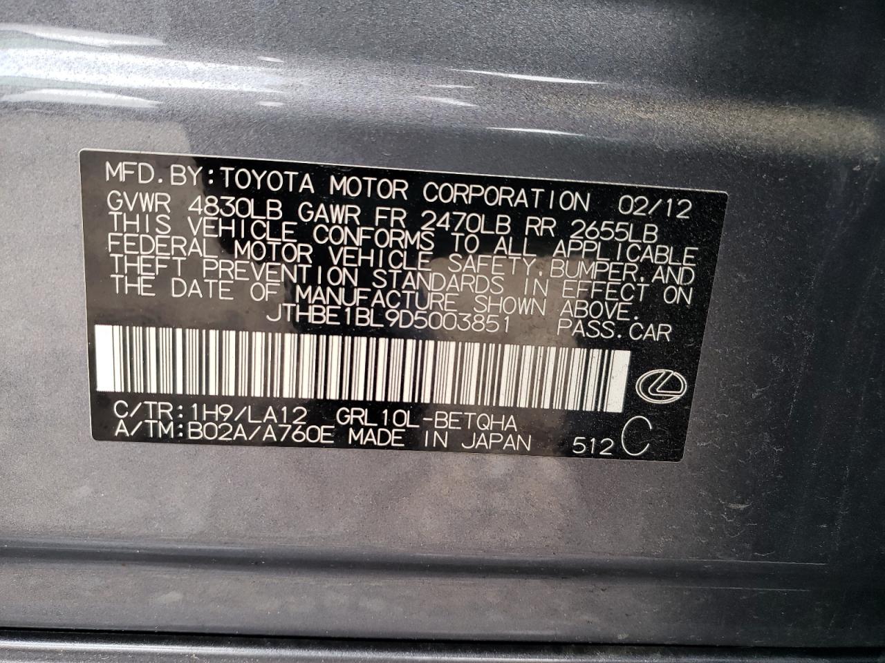 Photo 10 from auction – 2013 LEXUS GS 350 with VIN JTHBE1BL9D5003851