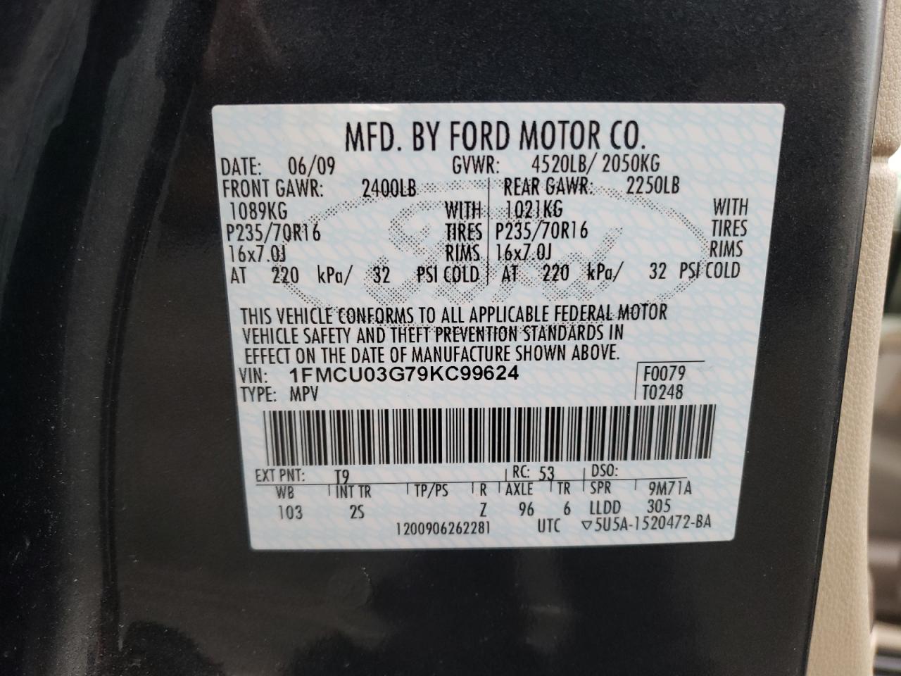 Photo 10 from auction – 2009 FORD ESCAPE XLT with VIN 1FMCU03G79KC99624
