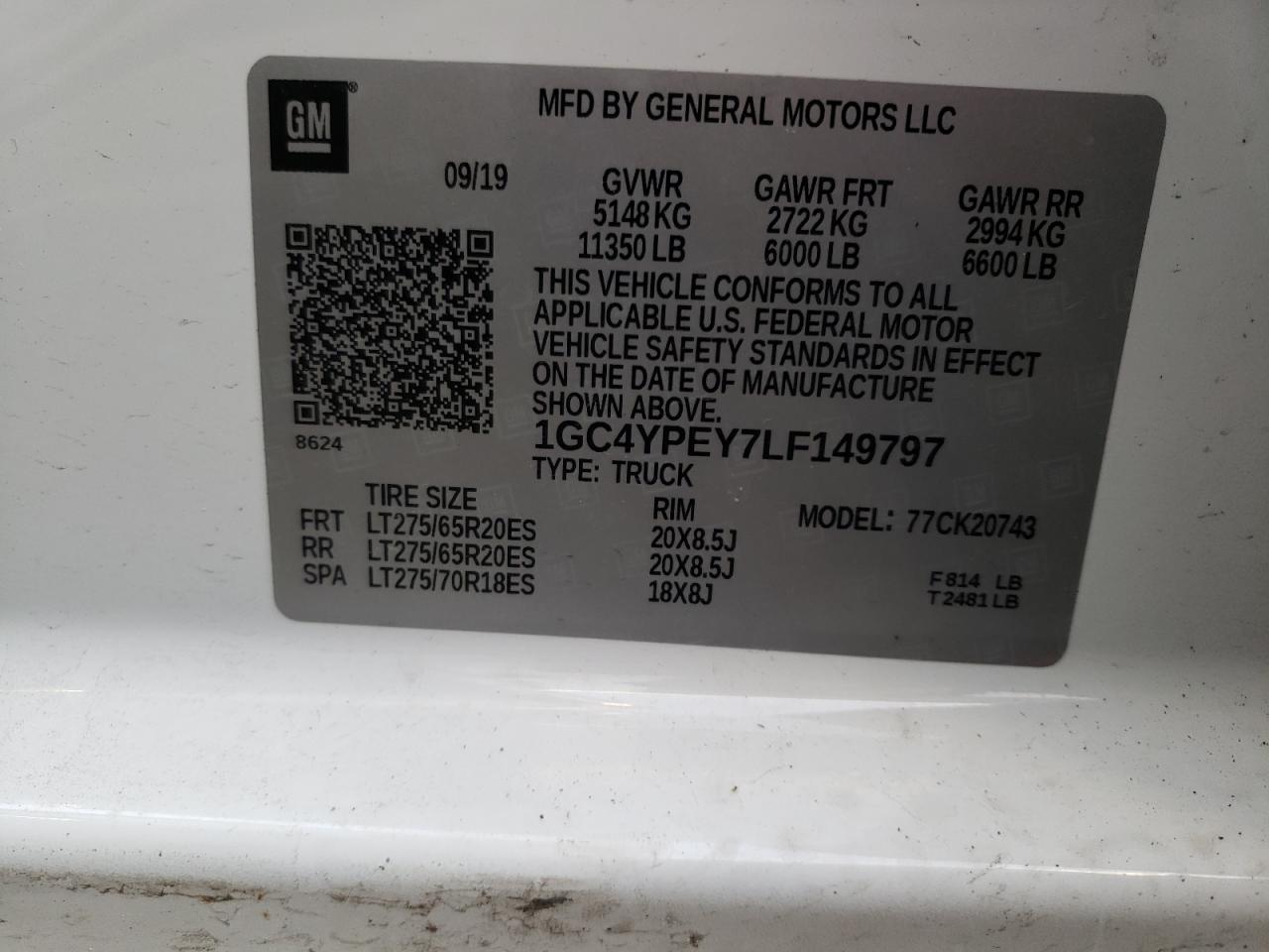 Photo 10 from auction – 2020 CHEVROLET SILVERADO with VIN 1GC4YPEY7LF149797
