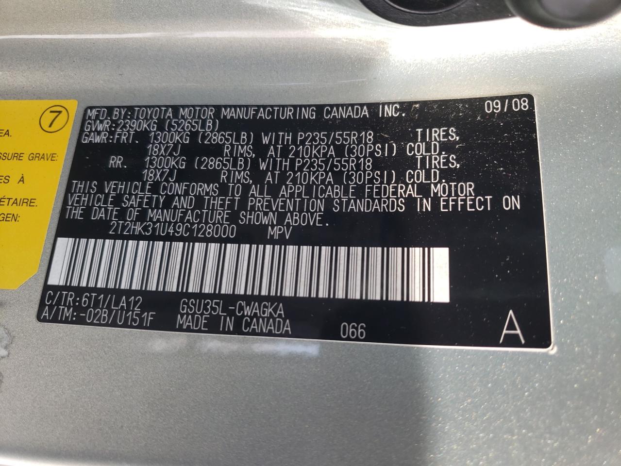 Photo 10 from auction – 2009 LEXUS RX 350 with VIN 2T2HK31U49C128000