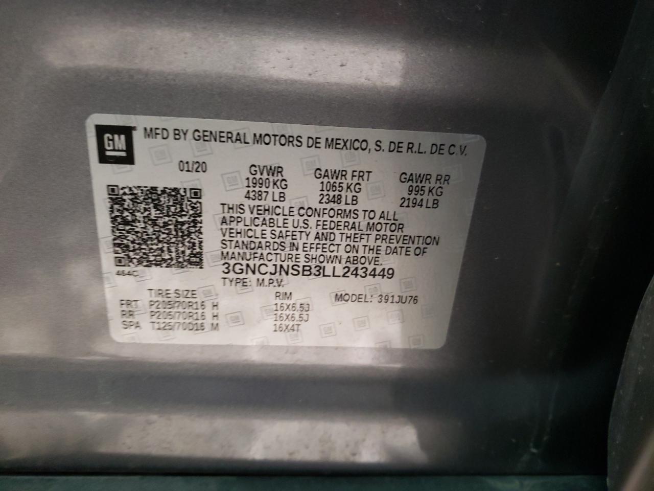Photo 10 from auction – 2020 CHEVROLET TRAX LS with VIN 3GNCJNSB3LL243449