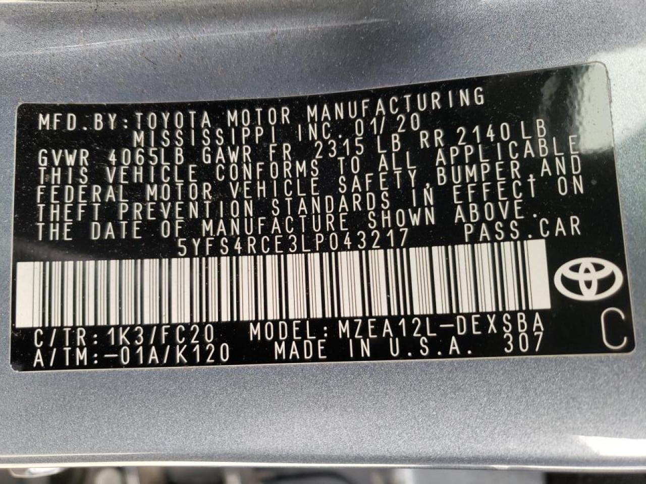 Photo 10 from auction – 2020 TOYOTA COROLLA SE with VIN 5YFS4RCE3LP043217