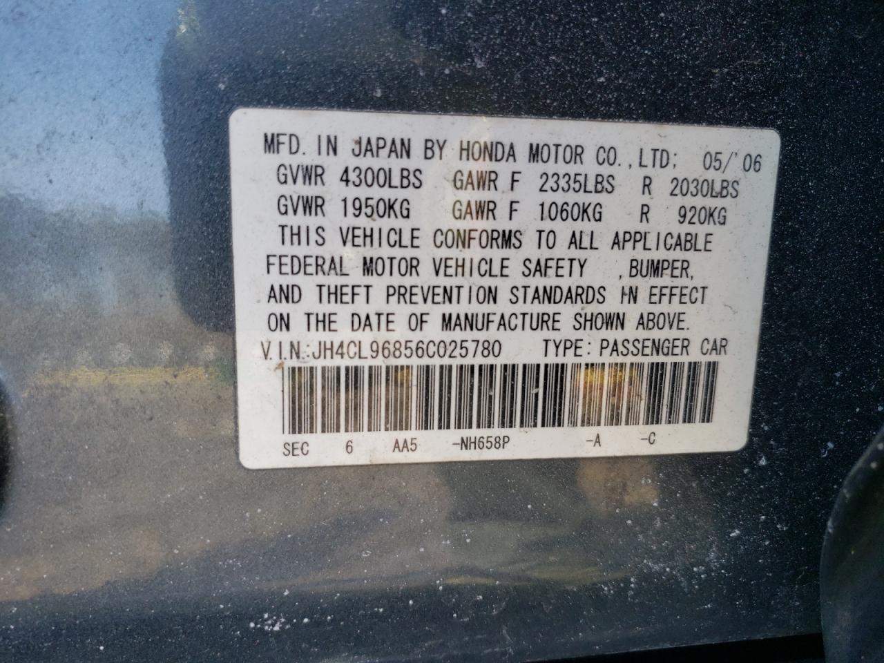 Photo 10 from auction – 2006 ACURA TSX with VIN JH4CL96856C025780