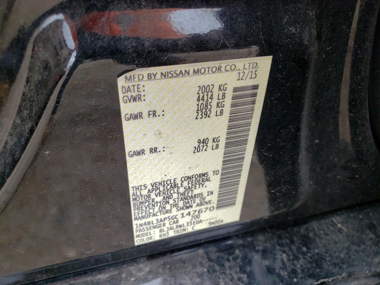 Photo 10 from auction – 2016 NISSAN ALTIMA 3.5 with VIN 1N4BL3AP5GC147670