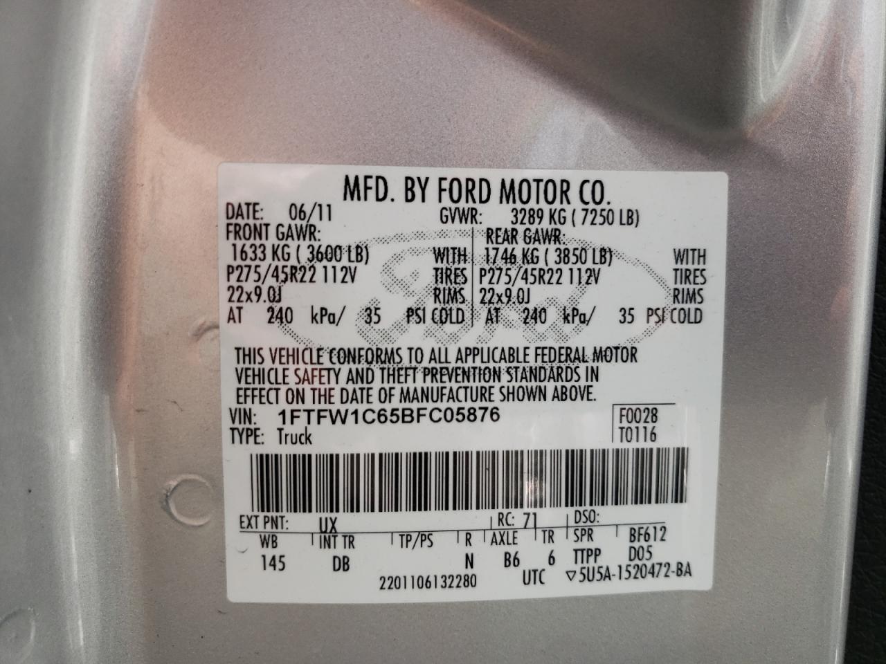 Photo 10 from auction – 2011 FORD F150 SUPER with VIN 1FTFW1C65BFC05876