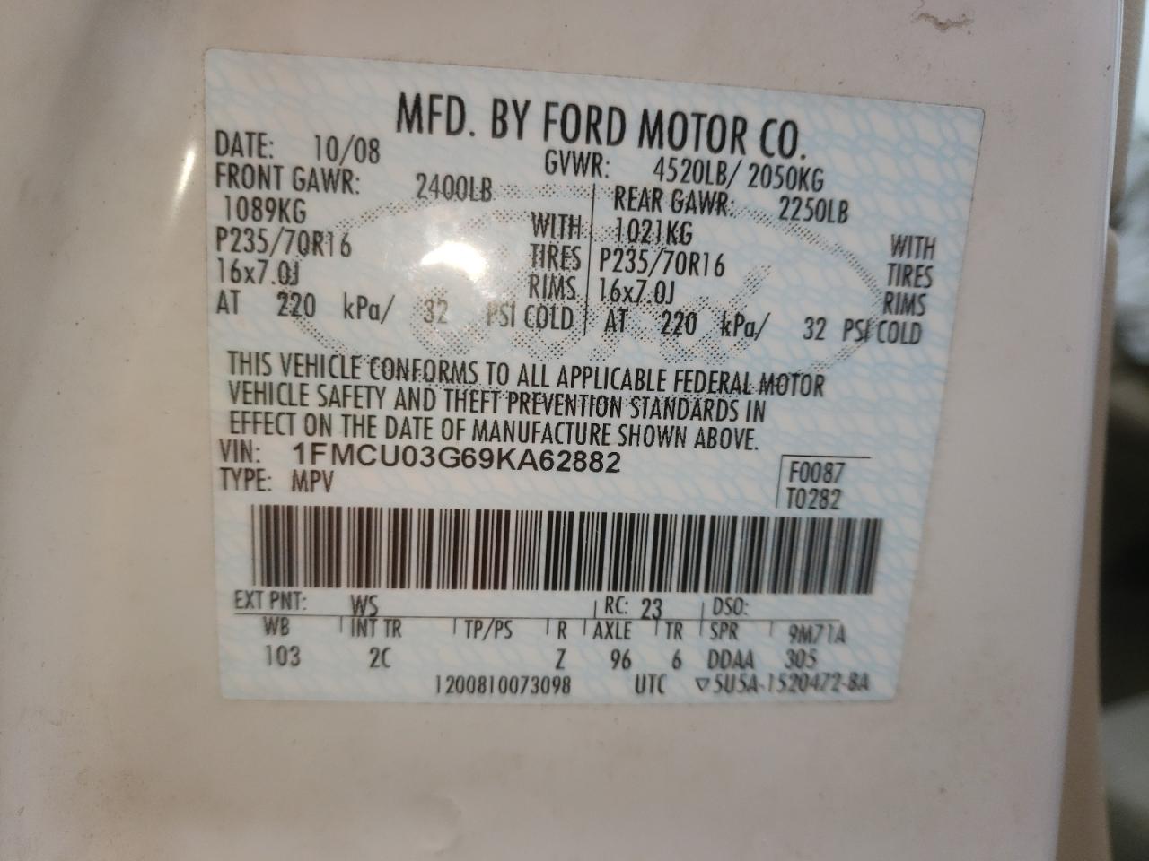 Photo 10 from auction – 2009 FORD ESCAPE XLT with VIN 1FMCU03G69KA62882