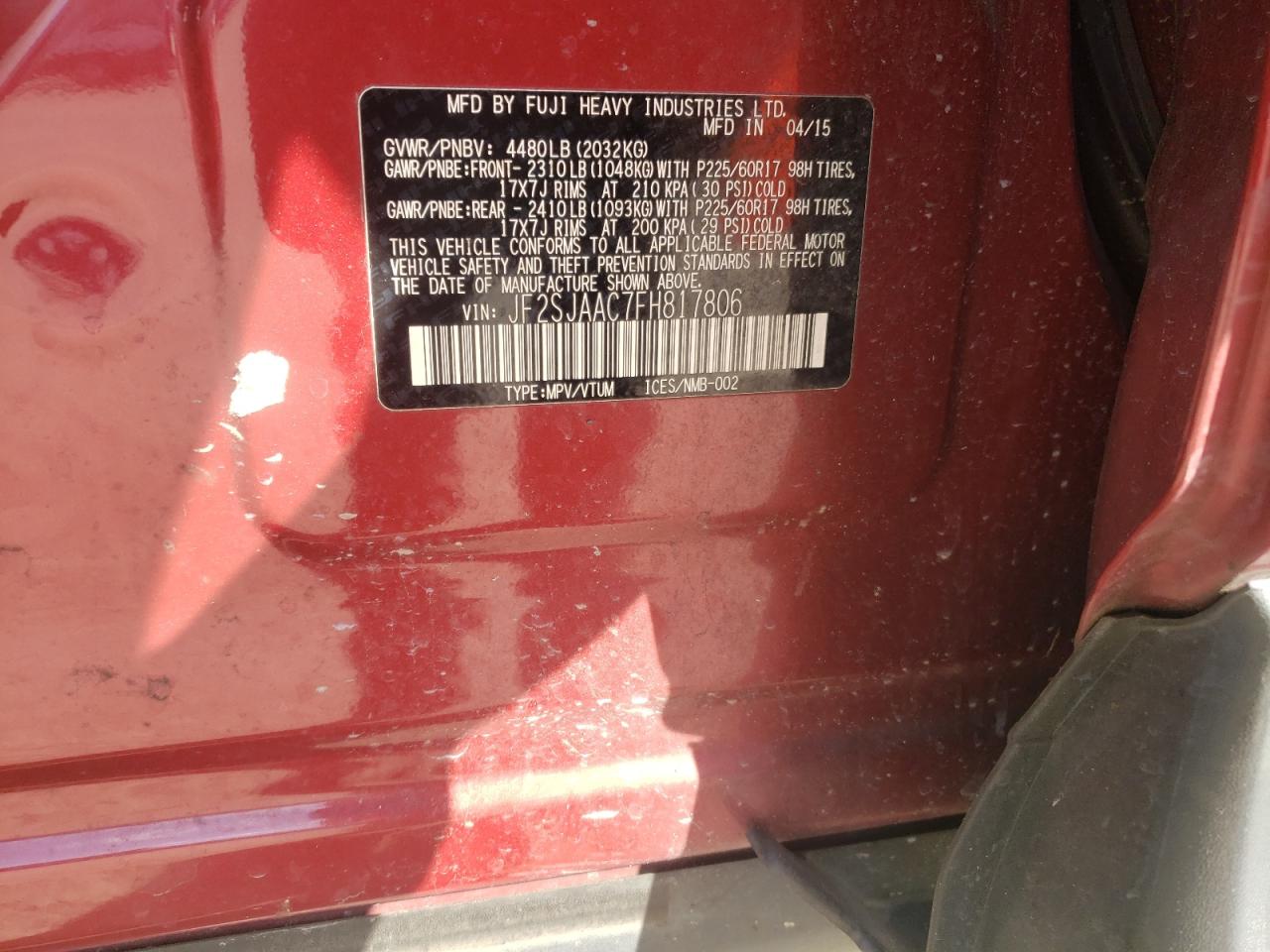 Photo 10 from auction – 2015 SUBARU FORESTER 2 with VIN JF2SJAAC7FH817806