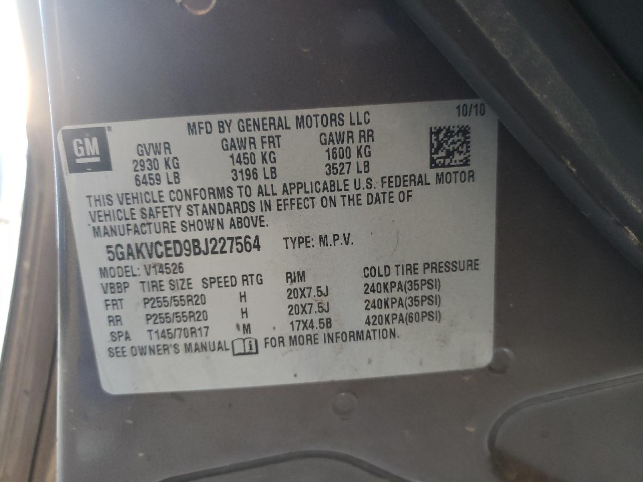 Photo 10 from auction – 2011 BUICK ENCLAVE CX with VIN 5GAKVCED9BJ227564