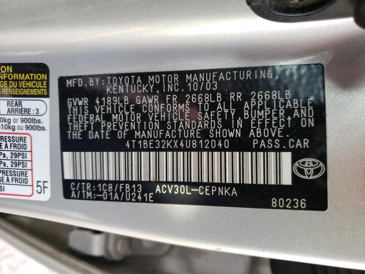 Photo 10 from auction – 2004 TOYOTA CAMRY LE with VIN 4T1BE32KX4U812040