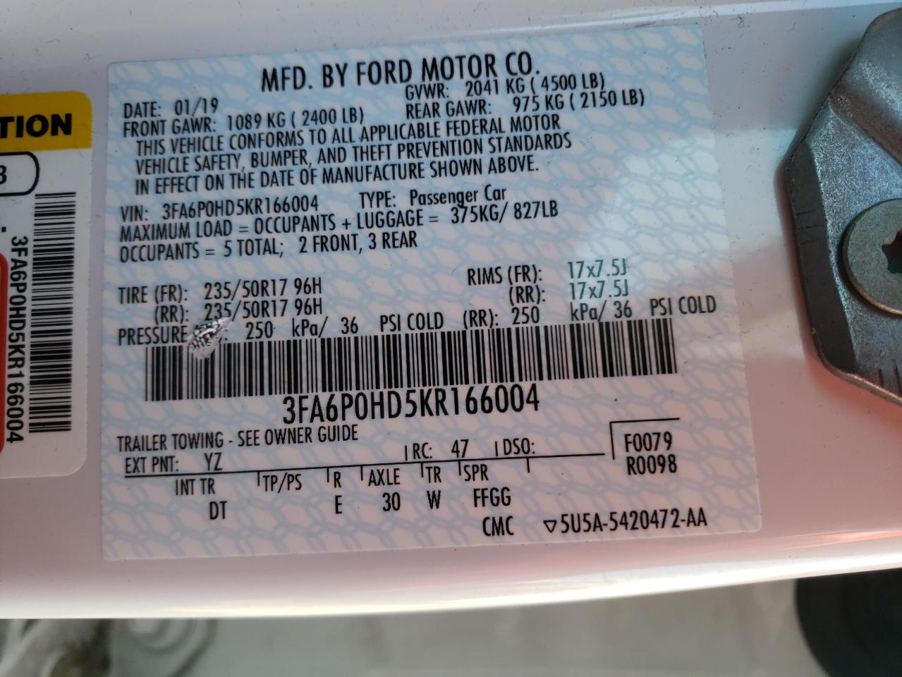 Photo 10 from auction – 2019 FORD FUSION SE with VIN 3FA6P0HD5KR166004