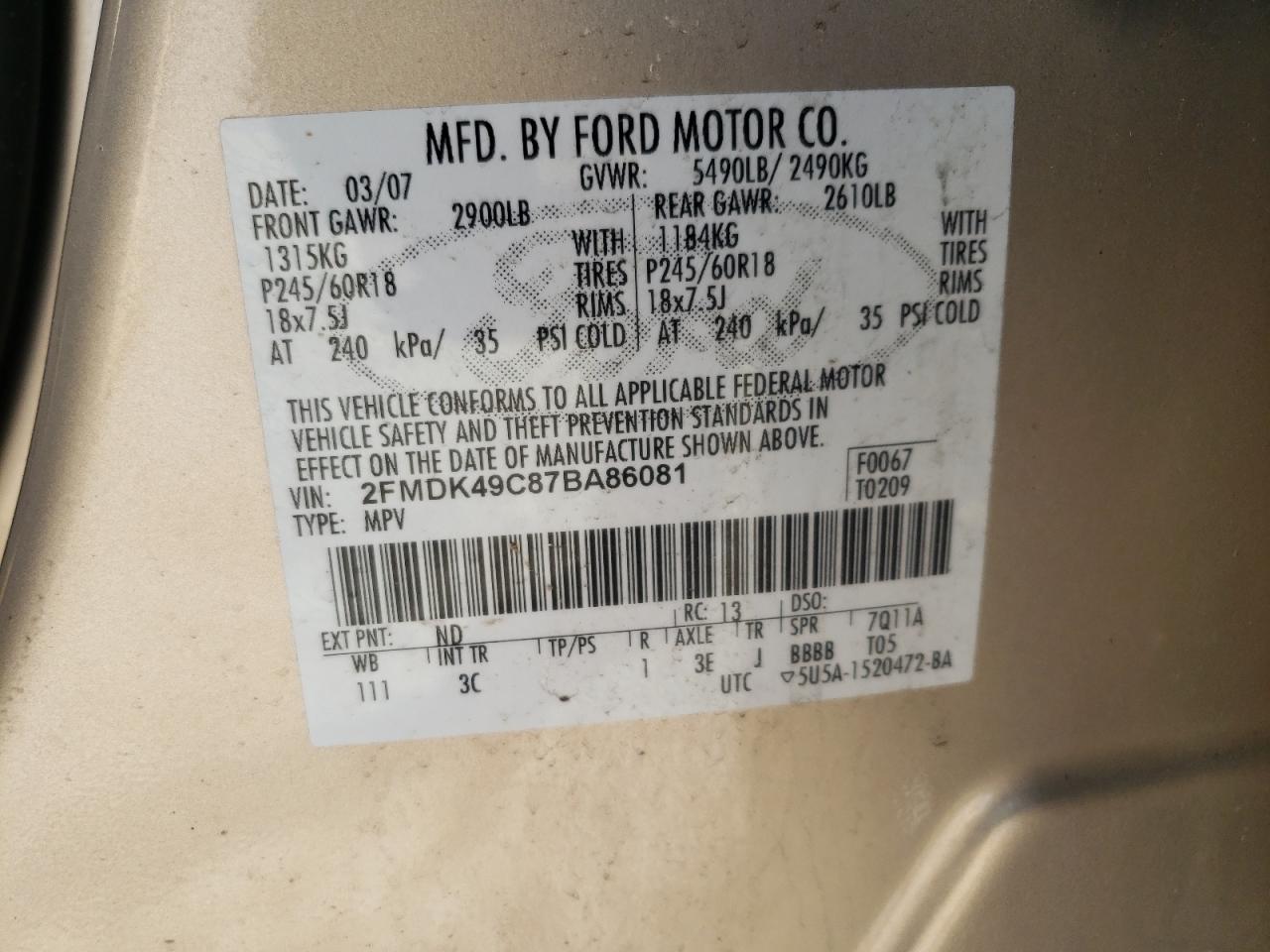 Photo 10 from auction – 2007 FORD EDGE with VIN 2FMDK49C87BA86081