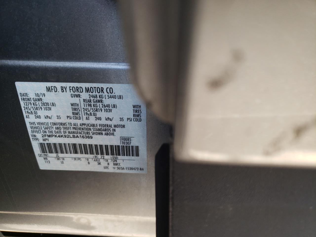 Photo 10 from auction – 2020 FORD EDGE TITAN with VIN 2FMPK4K92LBA16369