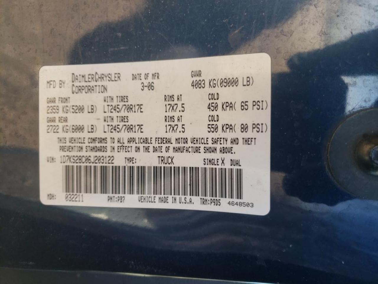 Photo 10 from auction – 2006 DODGE RAM 2500 S with VIN 1D7KS28C06J203122