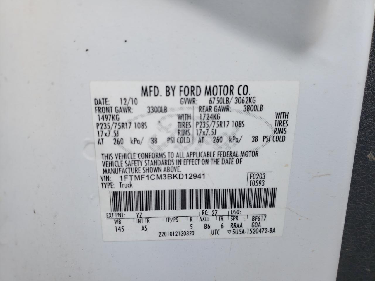 Photo 10 from auction – 2011 FORD F-150 with VIN 1FTMF1CM3BKD12941