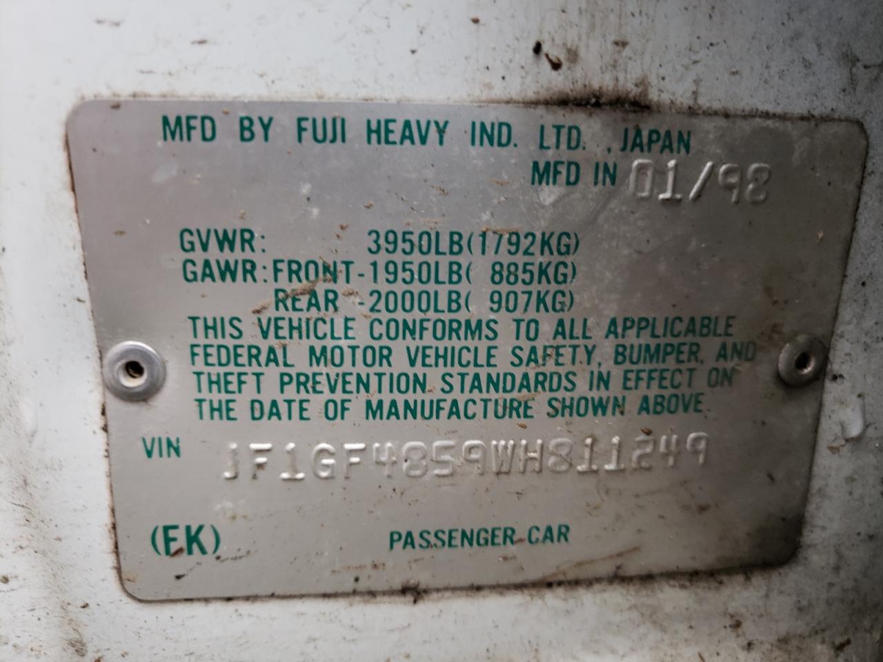 Photo 10 from auction – 1998 SUBARU IMPREZA OU with VIN JF1GF4859WH811249