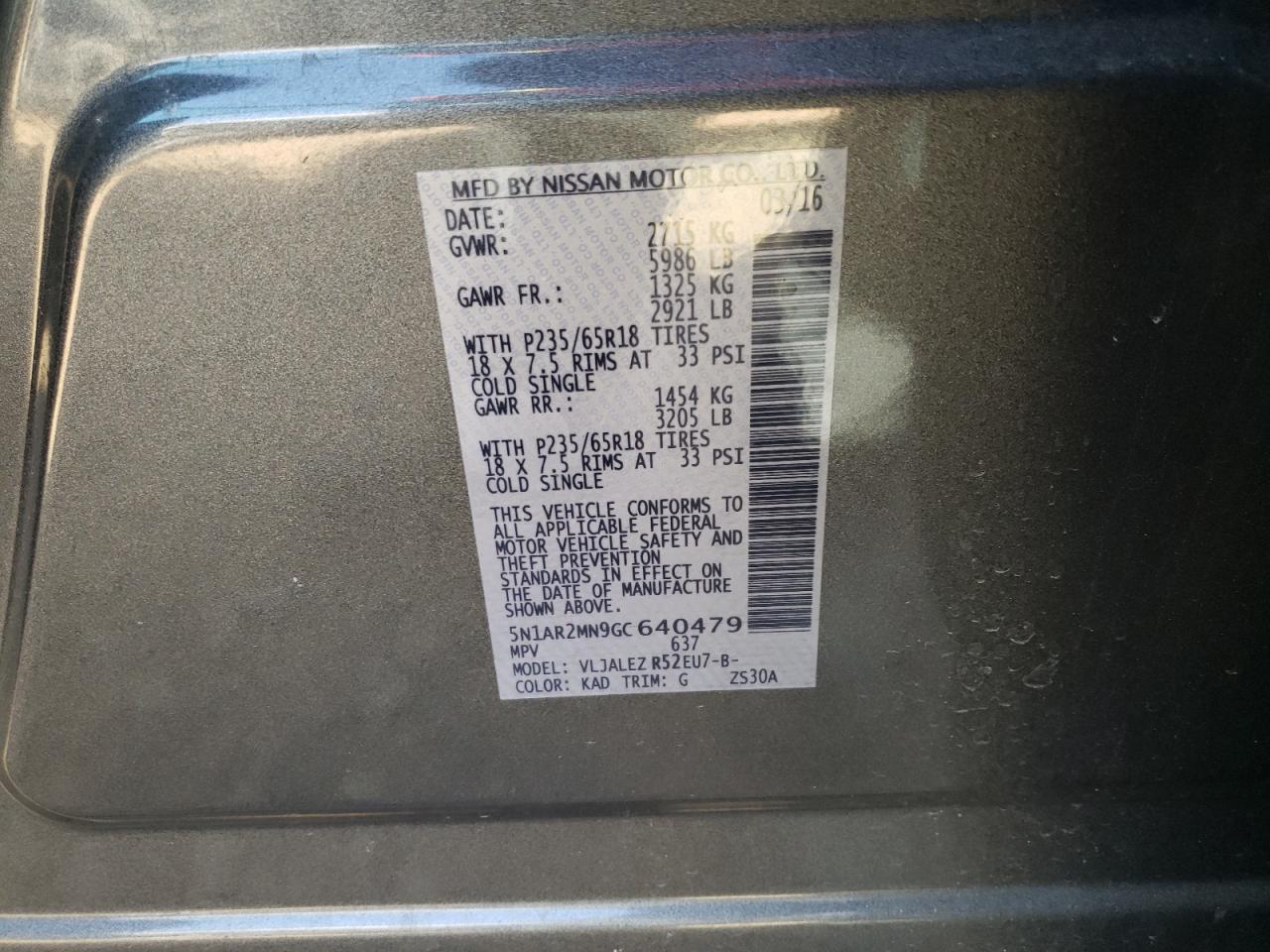 Photo 10 from auction – 2016 NISSAN PATHFINDER with VIN 5N1AR2MN9GC640479