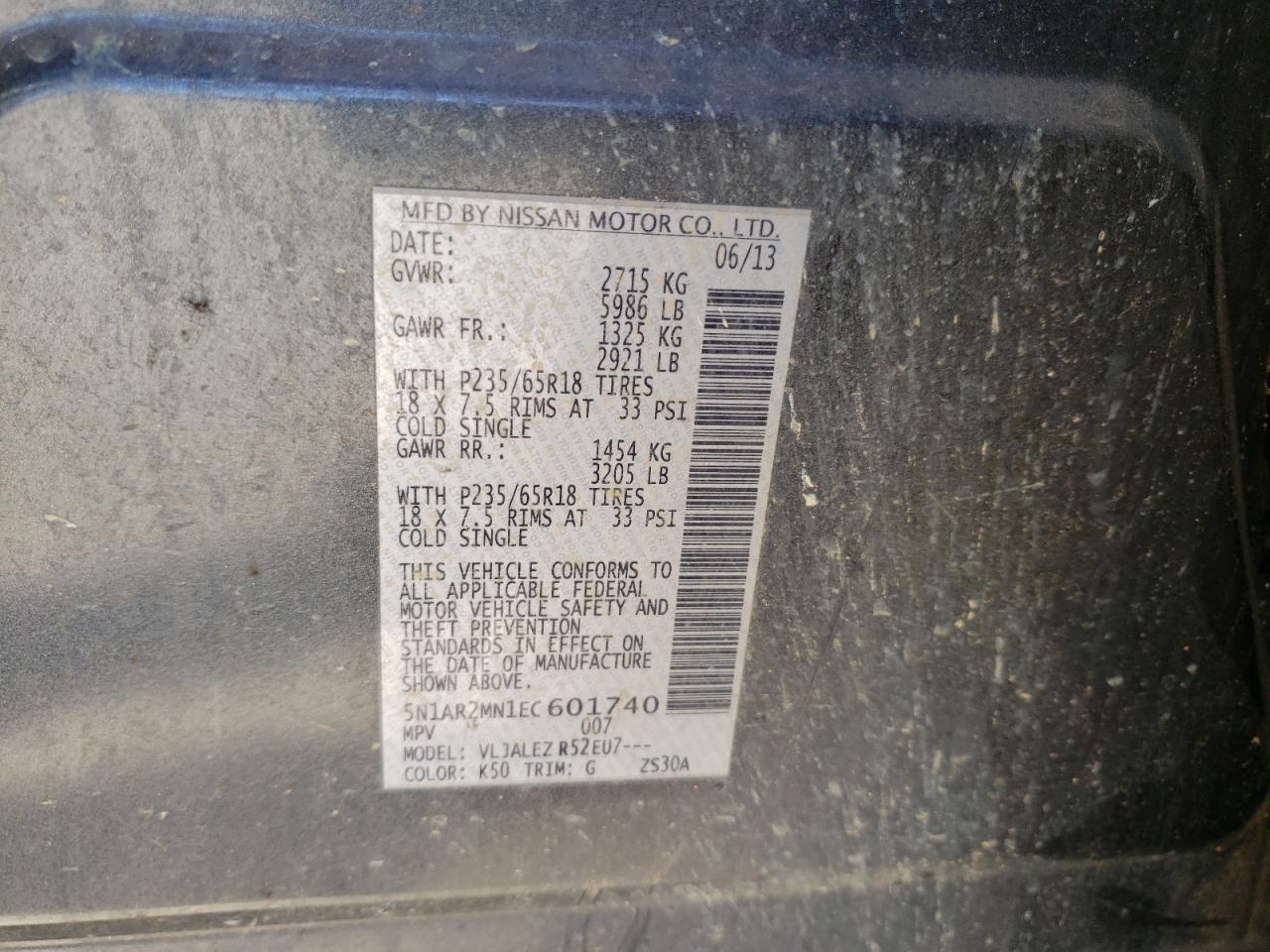 Photo 10 from auction – 2014 NISSAN PATHFINDER with VIN 5N1AR2MN1EC601740
