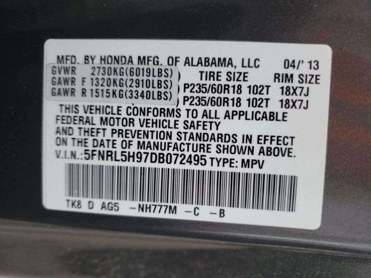 Photo 10 from auction – 2013 HONDA ODYSSEY TO with VIN 5FNRL5H97DB072495