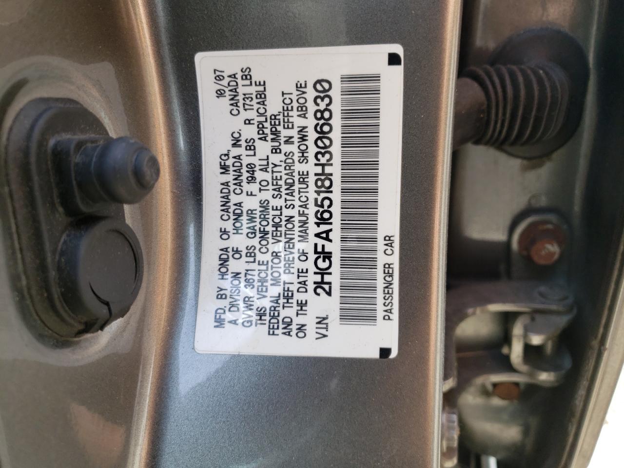 Photo 10 from auction – 2008 HONDA CIVIC LX with VIN 2HGFA16518H306830