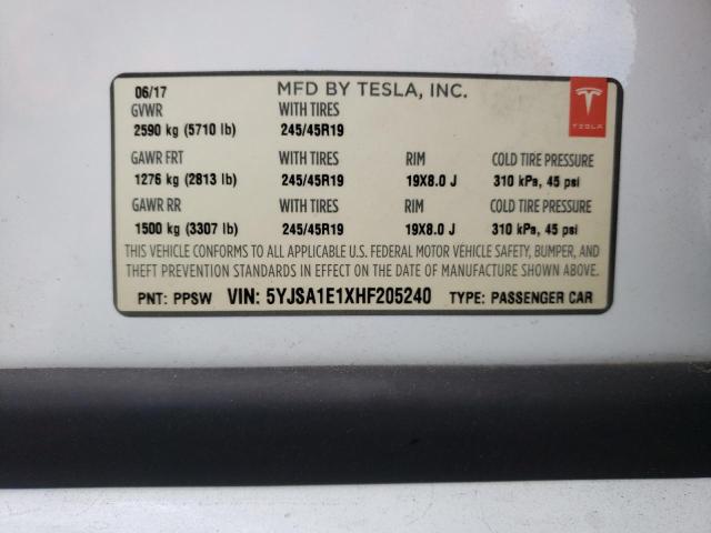 TESLA MODEL S 2017 with VIN 5YJSA1E1XHF205240 - Photo from auction