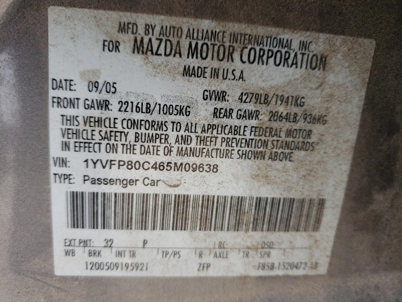 Zdjęcie 10 z aukcji – 2006 MAZDA 6 I z VIN 1YVFP80C465M09638