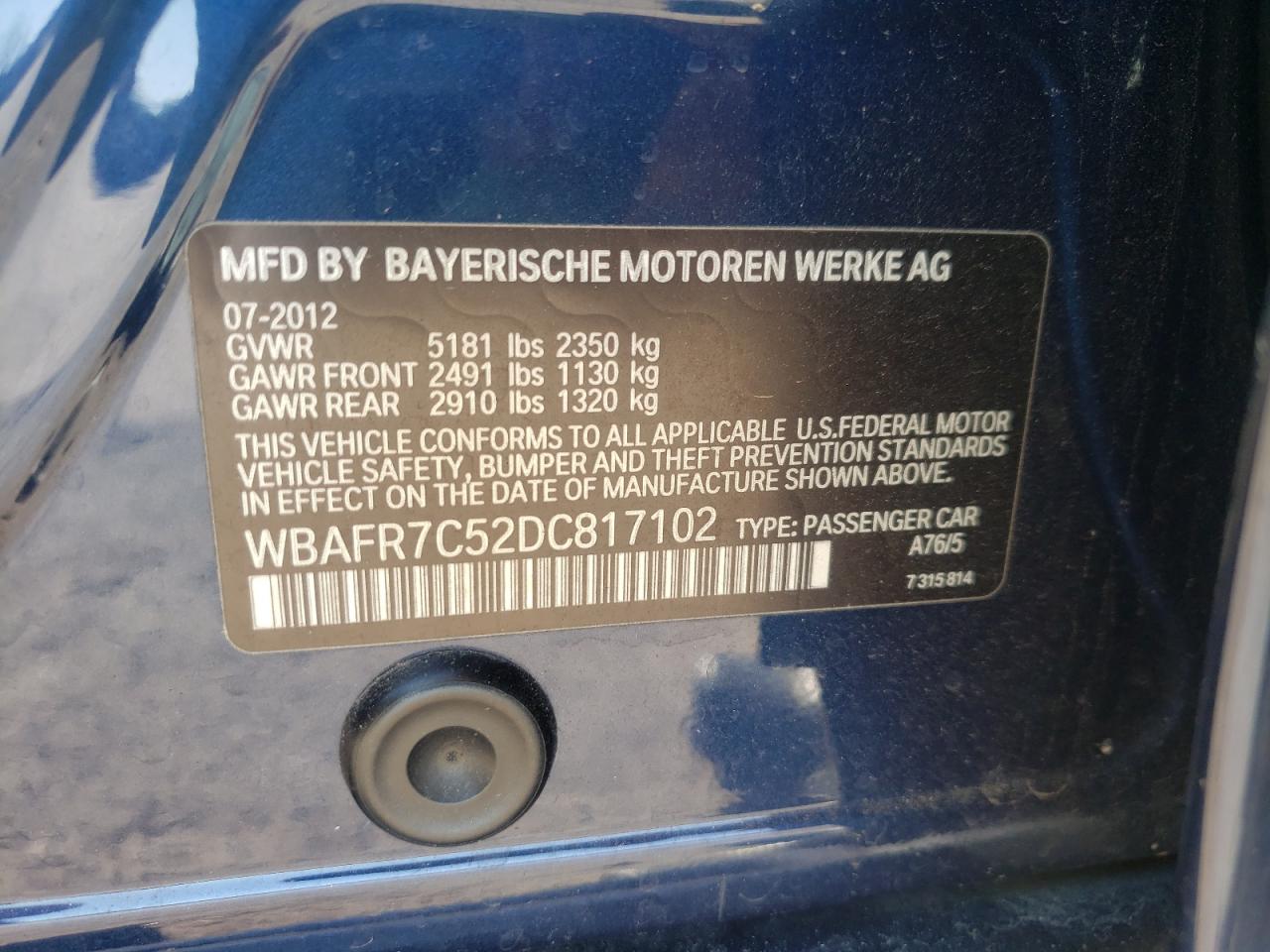 Photo 10 from auction – 2013 BMW 535 I with VIN WBAFR7C52DC817102