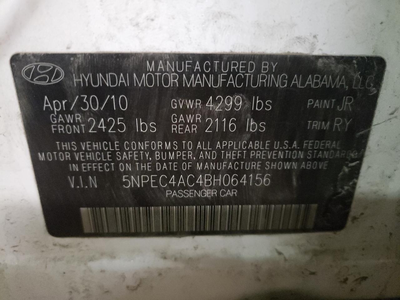 Photo 10 from auction – 2011 HYUNDAI SONATA SE with VIN 5NPEC4AC4BH064156