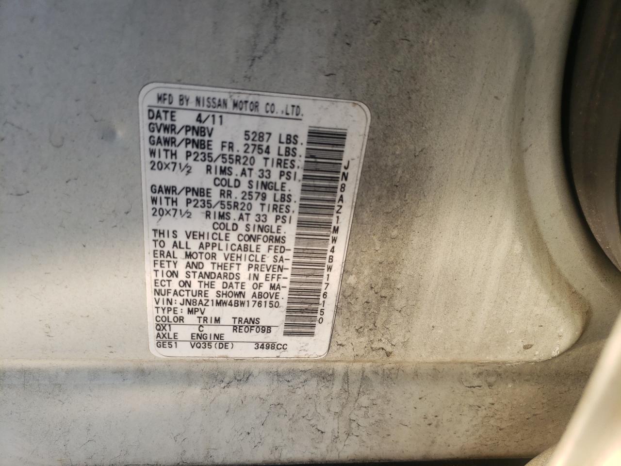 Photo 10 from auction – 2011 NISSAN MURANO with VIN JN8AZ1MW4BW176150