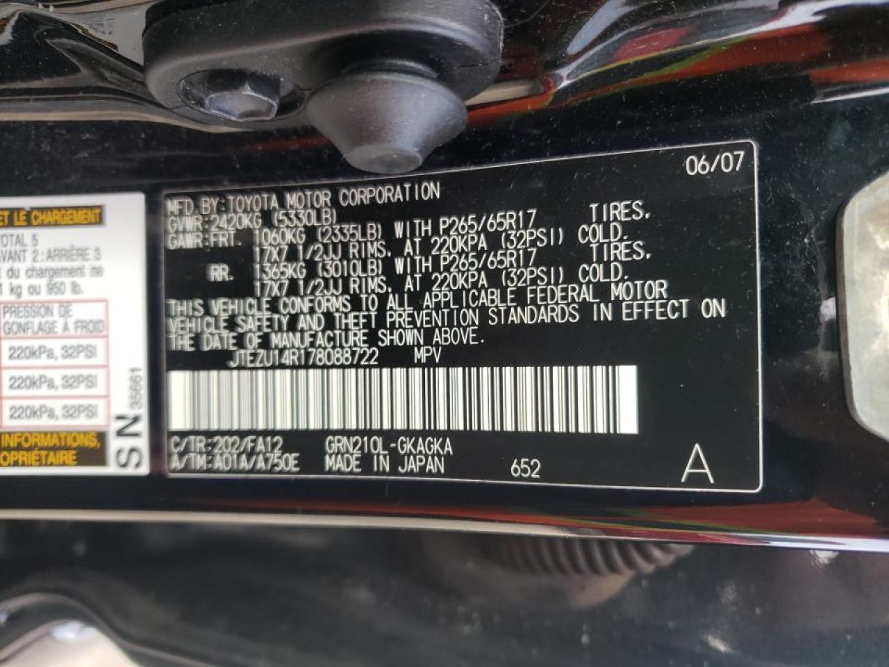 Photo 10 from auction – 2007 TOYOTA 4RUNNER SR with VIN JTEZU14R178088722