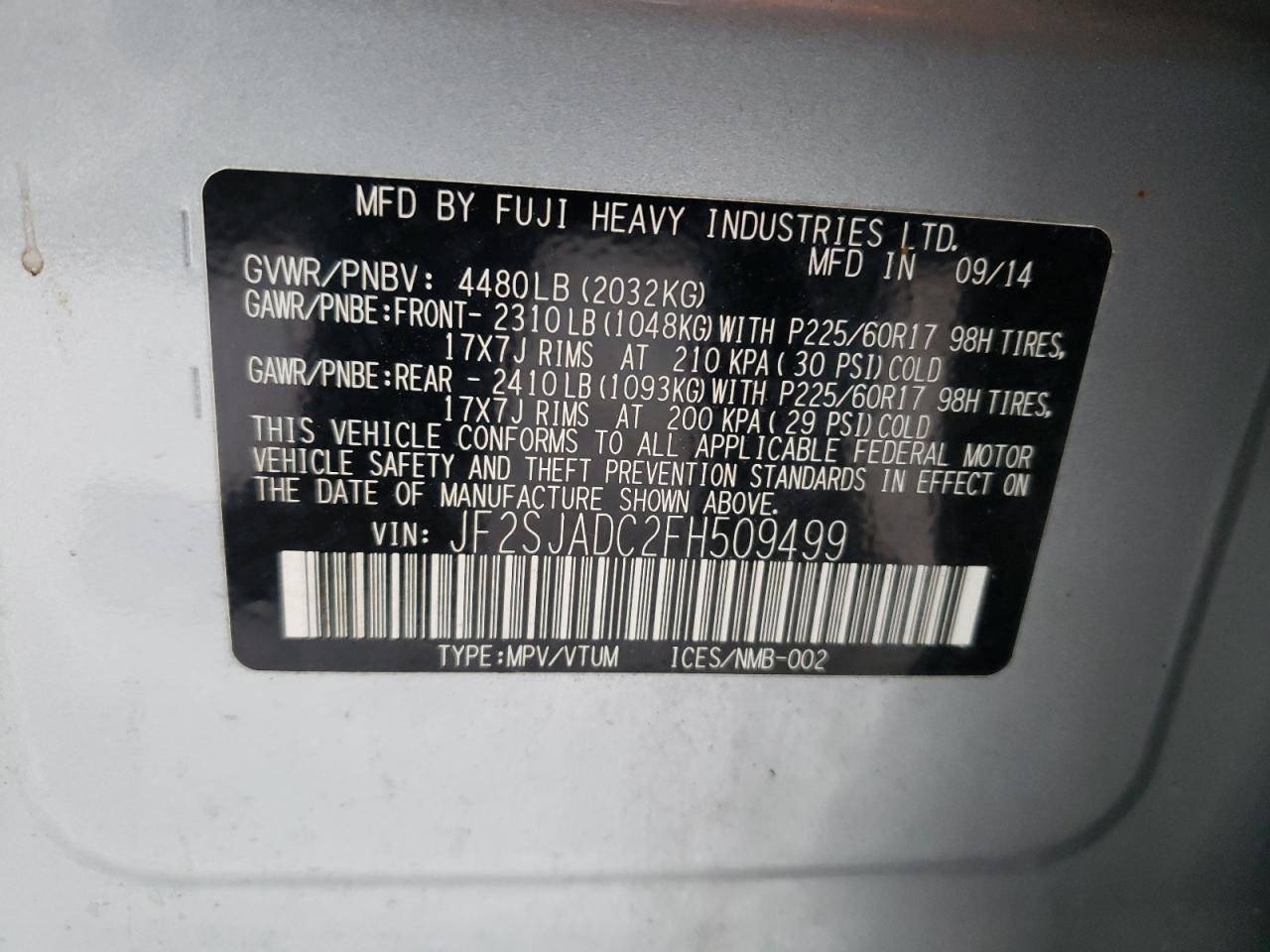 Photo 10 from auction – 2015 SUBARU FORESTER 2 with VIN JF2SJADC2FH509499