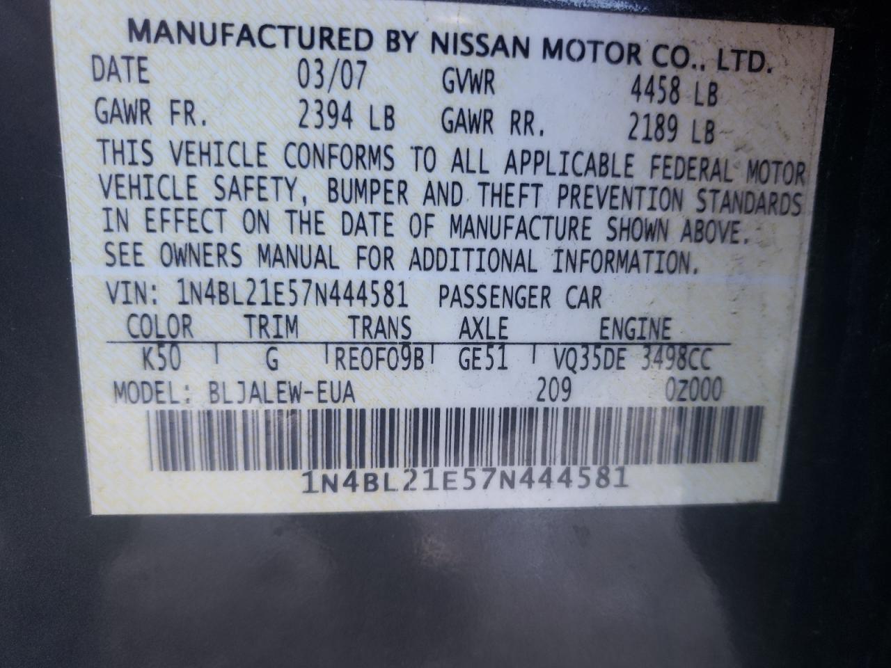 Photo 10 from auction – 2007 NISSAN ALTIMA 3.5 with VIN 1N4BL21E57N444581