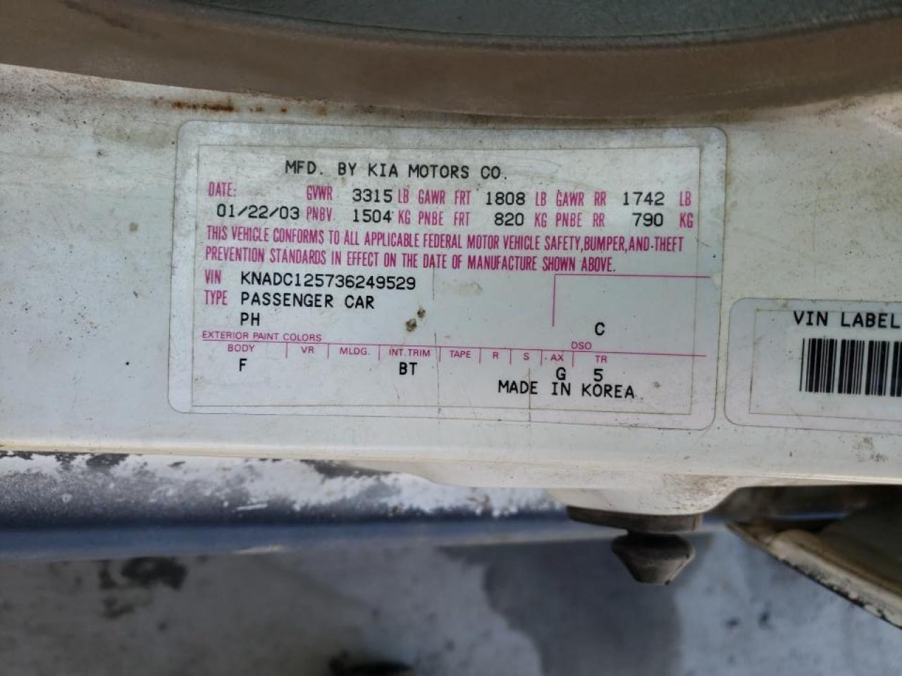 Photo 10 from auction – 2003 KIA RIO with VIN KNADC125736249529