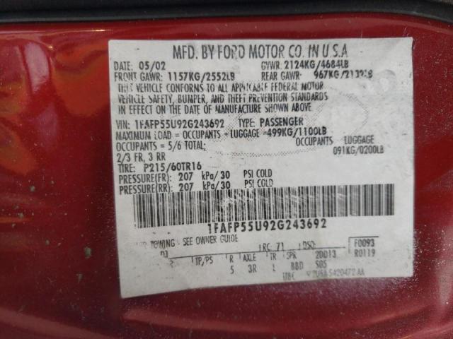 Photo 10 from auction – 2002 FORD TAURUS SES with VIN 1FAFP55U92G243692