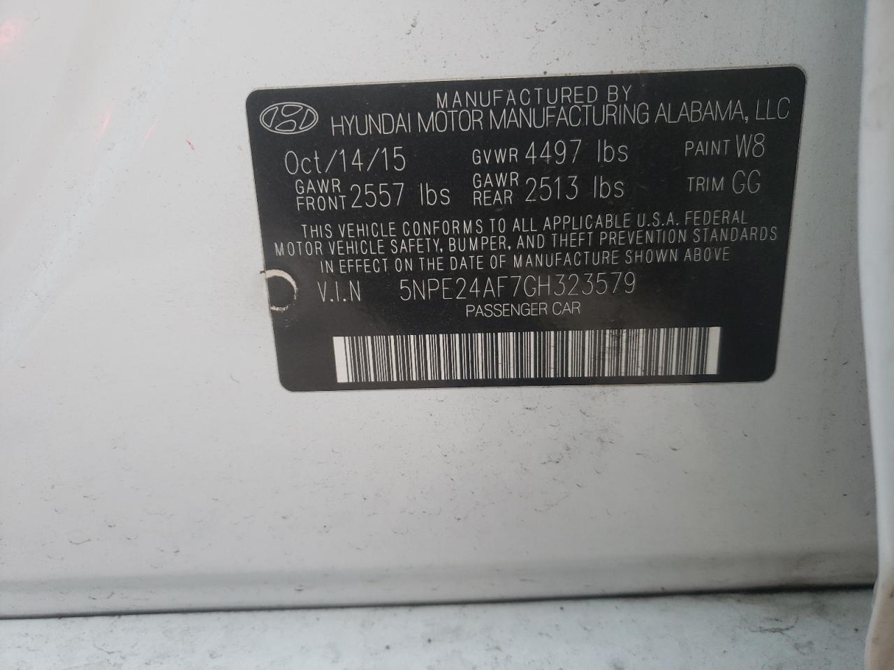 Photo 10 from auction – 2016 HYUNDAI SONATA SE with VIN 5NPE24AF7GH323579