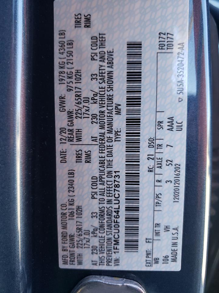 Photo 10 from auction – 2020 FORD ESCAPE S with VIN 1FMCU0F64LUC78731