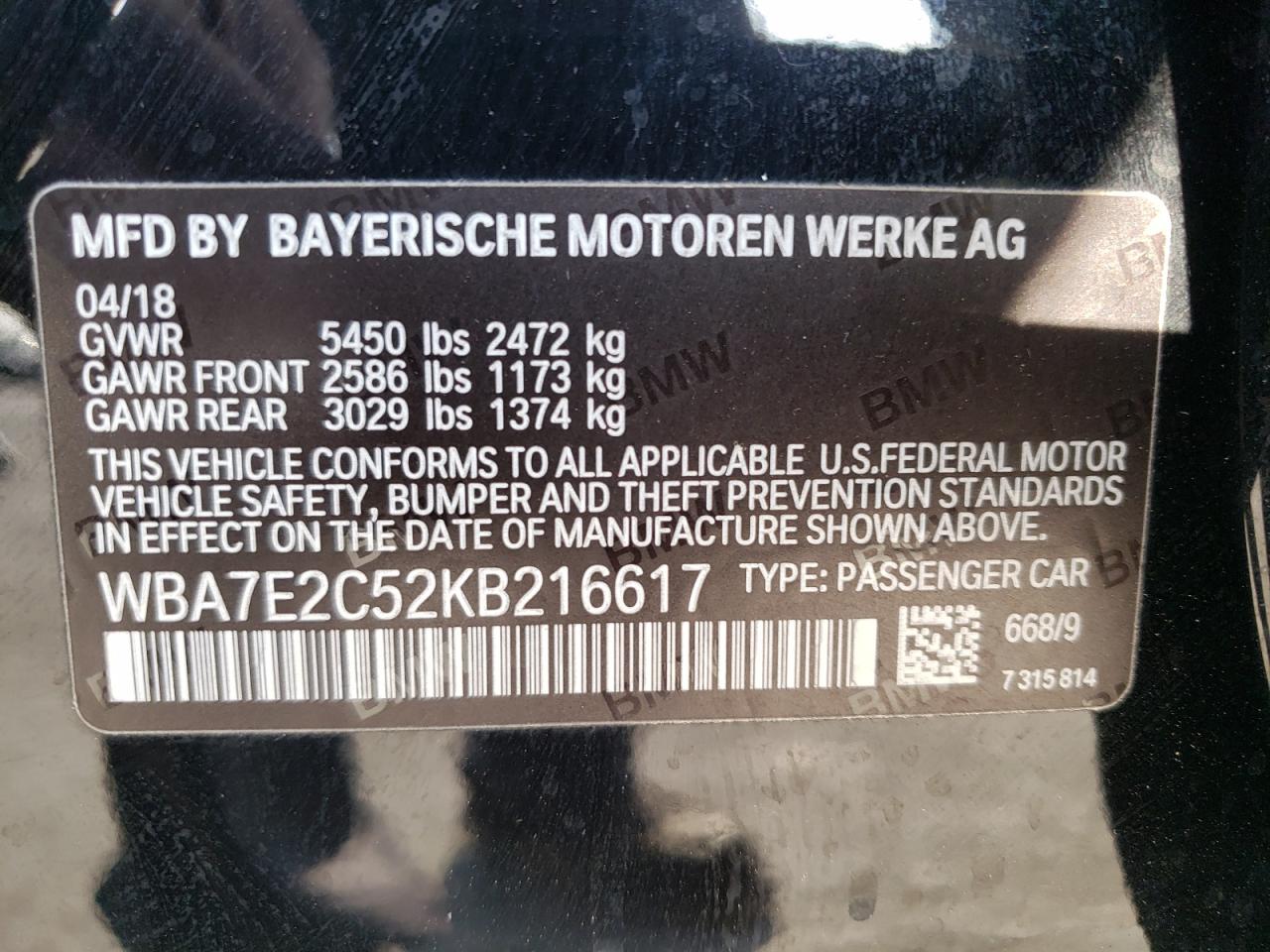 Photo 10 from auction – 2019 BMW 740 I with VIN WBA7E2C52KB216617
