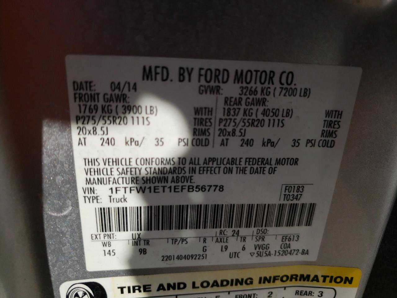 Photo 10 from auction – 2014 FORD F150 SUPER with VIN 1FTFW1ET1EFB56778