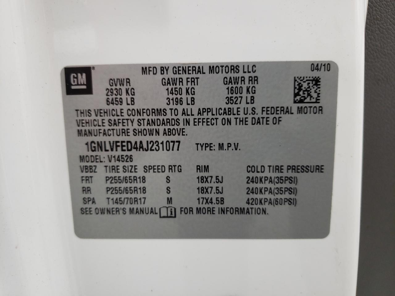 Photo 10 from auction – 2010 CHEVROLET TRAVERSE L with VIN 1GNLVFED4AJ231077