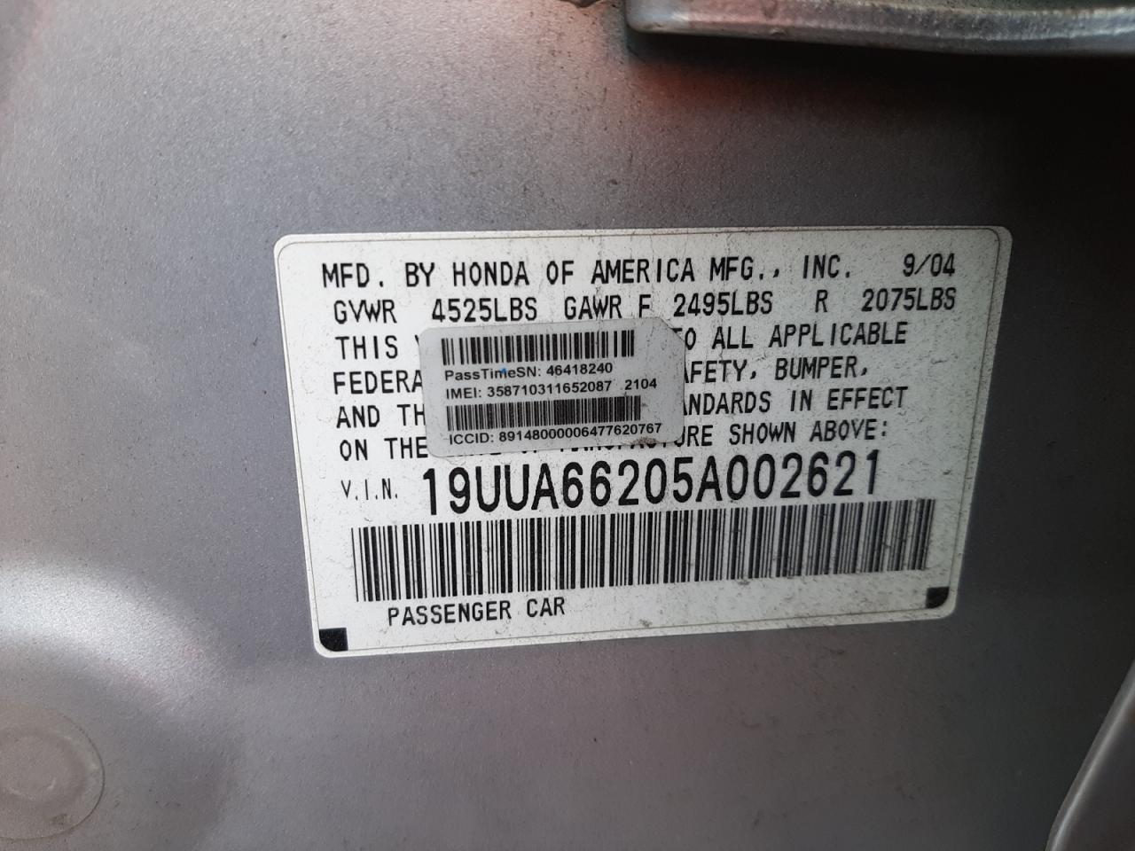 Photo 10 from auction – 2005 ACURA TL with VIN 19UUA66205A002621