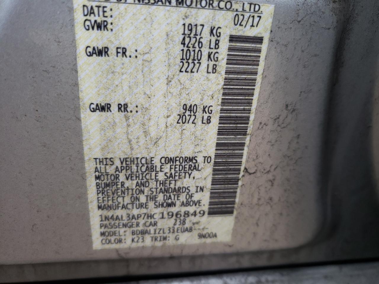 Photo 10 from auction – 2017 NISSAN ALTIMA 2.5 with VIN 1N4AL3AP7HC196849