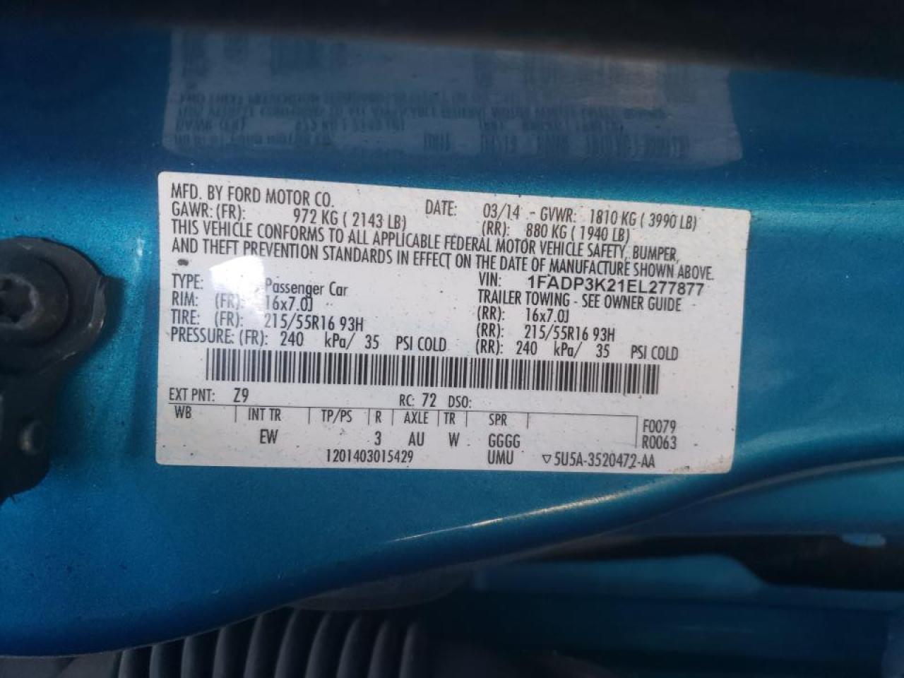 Photo 10 from auction – 2014 FORD FOCUS SE with VIN 1FADP3K21EL277877